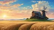 Anime illustration a Japanese house in the middle of a wheat field decorated with natural views at sunset. Generative Ai