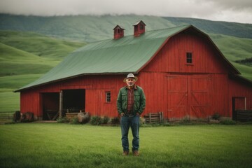 Poster - A proud elderly farmer man wearing a green jacket, hat on the background of his farm, barn.