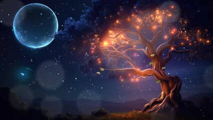 fantasy beautiful tree of life in the night with beautiful moon. cartoon style. seamless looping tim