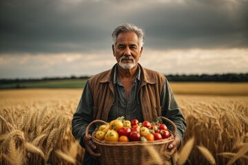 Poster - A handsome elderly gray-haired man farmer stands in a yellow grain field with a basket of fruits and vegetables in his hands against the backdrop of beautiful nature and dark clouds