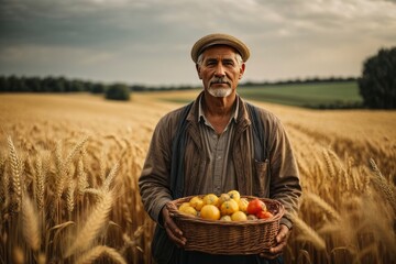 Poster - An old man farmer stands with a basket of crops in a yellow field