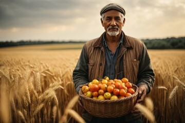 Poster - A handsome elderly gray-haired man farmer stands in a yellow grain field with a basket of tomatoes in his hands against the background of beautiful nature in autumn