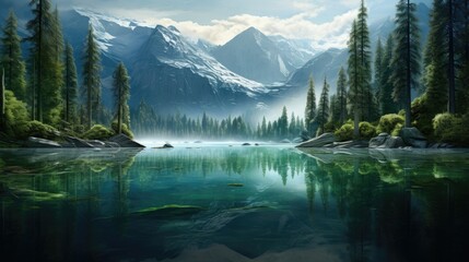 Sticker -  a painting of a mountain lake surrounded by trees and mountains.  generative ai