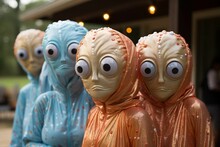 AI Generated Illustration Of Four Alien Figurines With Huge Eyes, In Blue And Orange Suits