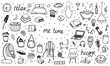 © t.karnash - Set of elements is a cozy house. Interior items, dishes. Bed, armchair, furniture, plants. Vector black and white elements drawn by hand. Logo, doodle, icon, sketch, clipart, template, design
