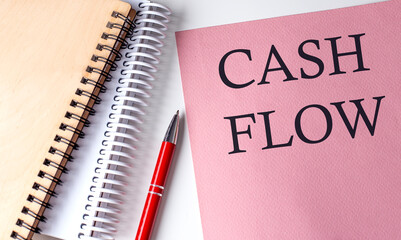 Poster - CASH FLOW word on the pink paper with office tools on white background