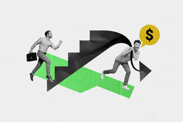 Sticker - Collage 3d image of pinup pop retro sketch of two funny man stairs running up money achieve goal trader financier economist dollar sign