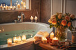 In a hotel bathroom, the presence of a bathtub, candles, and soft lighting fosters a sense of luxury, relaxation, and personal care, promoting wellness and hygiene in a serene setting.