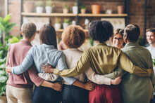 Group Of Mix Race People, Co-workers Hugging Each Other At The Work Place Supporting Each Other, Back View. Unity, Togetherness, Straight And LGBTQ People Working Together