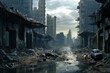 Devastated urban scenery after worldwide conflict. Desolated metropolis depiction. Generative AI