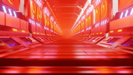 Wall Mural - camera movement through a sci-fi futuristic tunnel illuminated in red light. looping abstract animation. 3d render