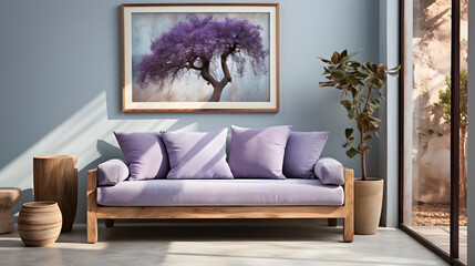 Wall Mural - home interior design of modern living room. Rustic sofa with light blue and violet pillow against window near venetian stucco wall with big poster frame.