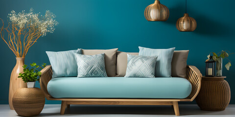 home interior design of modern living room. Wooden sofa with blue pillows and round coffee table near teal wall.