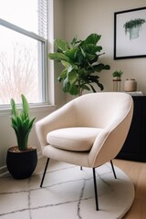 Poster - modern living room interior with comfortable armchair and green plants, stylish home decor