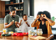 © Lumos sp - child family kitchen food boy son mother father meal fun preparing healthy diet eating home black african american man happy ingredient having fun game joy bonding kid cute