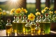 Kleine Fläschchen gefüllt mit Ölen zur Naturkosmetik und Wellness umrahmt von Blumen und Sonnenschein.
