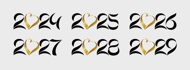 Wall Mural - Set of elegant black and gold numbers from 2024 to 2029. Calendar title for 2025, 2026, 2027 and 2028 new year. Creative icons. Graphic collection. Isolated elements. Hand drawn style shiny heart.