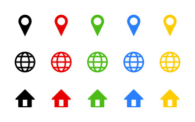 Poster - set of black blue red green yellow white world globe earth web map and location pointer pin or you a