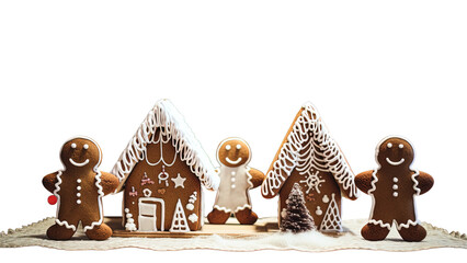 Three gingerbread men with icing next to two gingerbread houses, beautifully decorated for Christmas, stand on a white napkin, transparent PNG