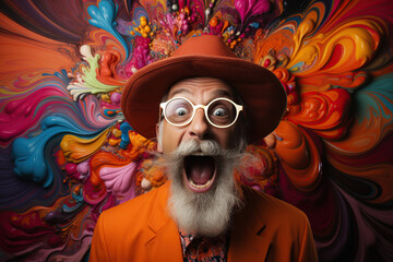 Wall Mural - funny surprised happy old man in hat on a bright multicolored hallucinogenic background from drugs