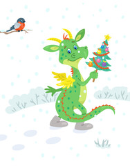 Wall Mural - Funny little dragon in felt boots walks through a winter meadow with a decorated Christmas tree in hands. In cartoon style. Isolated on white background. Vector flat illustration. New Year card