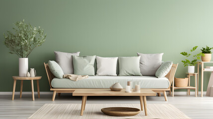 Wall Mural - Stylish wooden sofa with green and grey cushions against green wall. Beige pouf and side table on hardwood floor. Scandinavian interior design of modern living room