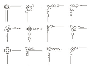 Poster - Line ornamental corners. Decorative flourish elements, elegant celtic swirls and arabesque swirl borders. Vector vintage linear collection of line corner border illustration