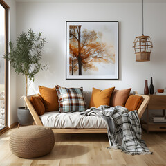 Wall Mural - Terra cotta sofa with plaids and pillows against of white wall with art poster frame. Scandinavian interior design of modern living room