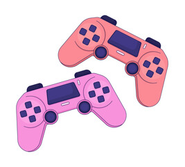 Poster - Joysticks two players 2D linear cartoon object. Playing together on gamepads isolated line vector element white background. Competitive video gaming friends devices color flat spot illustration