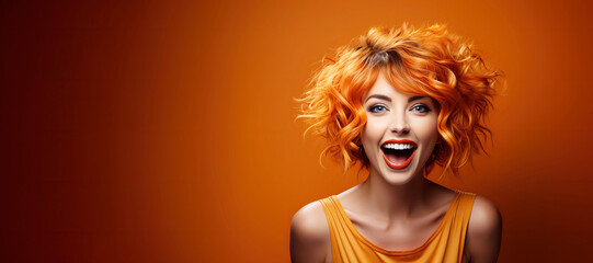 Wall Mural - happy surprised red-haired young woman on a orange background with a copy space