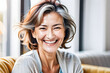 middle aged woman smiling happily