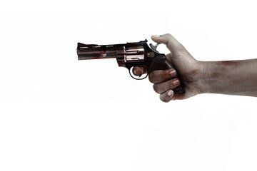 Poster - The hand of a scary zombie with blood and wounds carrying a handgun