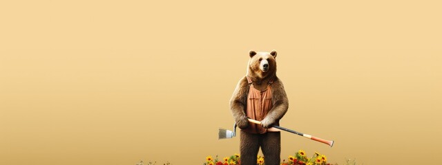 Wall Mural - Animal brown bear dressed as a gardener or farmer. Wearing bridle jeans. With copy text space. Generative AI