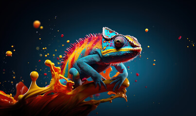 Extremely colorful cameleon on splash of paint , novel creativity concept