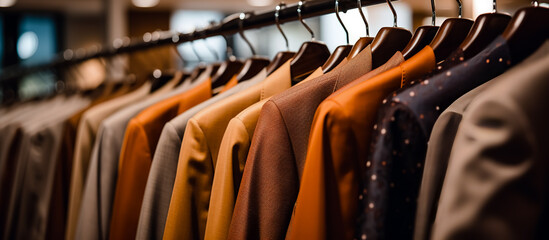 Men's suits on a hanger in a store window. Close-up.