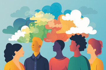 Wall Mural - Silhouette group of five creative people outside the norm gathered under colorful cumulus clouds. Meeting of emotional, mental and behavioral divergence living in society with a collective dream.