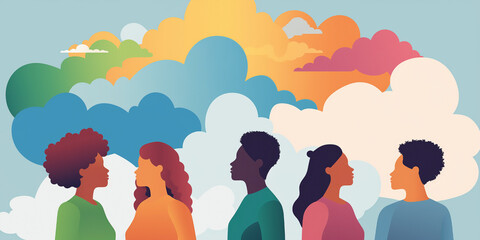 Wall Mural - Silhouette group of five diverse women outside the norm gathered under colorful cumulus clouds. Meeting of emotional, mental and behavioral divergence living in society with a collective dream.