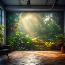 Tropical Garden With Sunlight Shining Through The Window. 3d Rendering