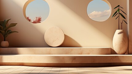 Wall Mural - Top view of beige light bokeh shadow on sand color background. Flat lay with shadow on the wall. Minimal summer concept. Creative copyspace for overlay on product presentation. Generative AI