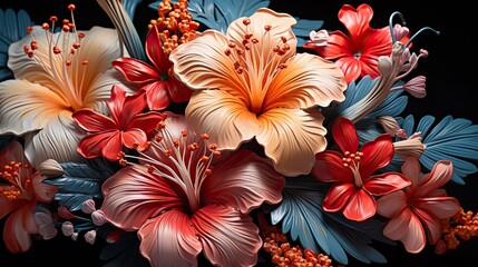 Wall Mural - Colorful flower on dark tropical foliage nature background. Floral flower illustration. Generative AI