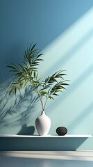 Wall Mural - Minimalistic abstract gentle light blue background for product presentation with light and intricate shadow from tree branches on wall. Background with shadow. Generative AI