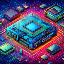 Colorful Futuristic Network Electronic Computer Circuit Board Hardware With Integrated Circuit Chipsets For A Data Flow Management Computing  System , Processor Memory & Peripherals Microarchitecture