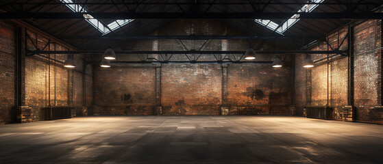 Industrial loft style empty old warehouse interior,brick wall,concrete floor