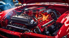 Smoke And Fire Under The Hood Of Red Car With Strong V8 Engine, Damaged Car Engine, Transportation Problem, Emergency Diagnostics