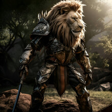 Lion In Armor With Sword In The Forest. 3d Illustration.