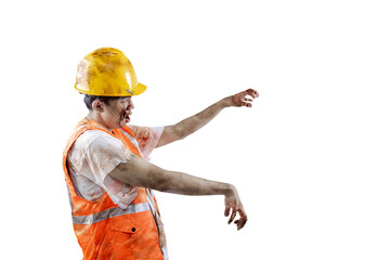 Canvas Print - A scary construction worker zombie with blood and wounds on his body walking