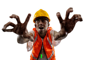 Poster - A scary construction worker zombie with blood and wounds on his body walking