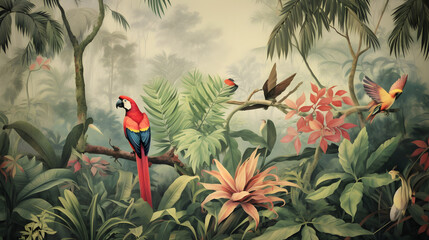 wallpaper jungle and leaves tropical forest mural parrot and birds butterflies old drawing vintage background