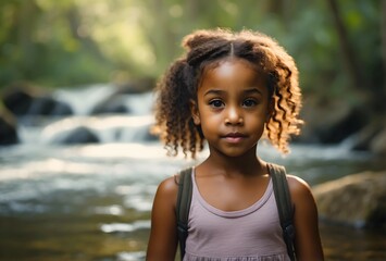 Poster - Portrait of cute little African American girl playing in river isolated on nature background, people banner with copy space text 