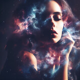 Fototapeta  - Double exposure photo, woman and universe blend together,galaxy, nebula,human and nature, peace of mind,abstract mentation,meditation,contemplative